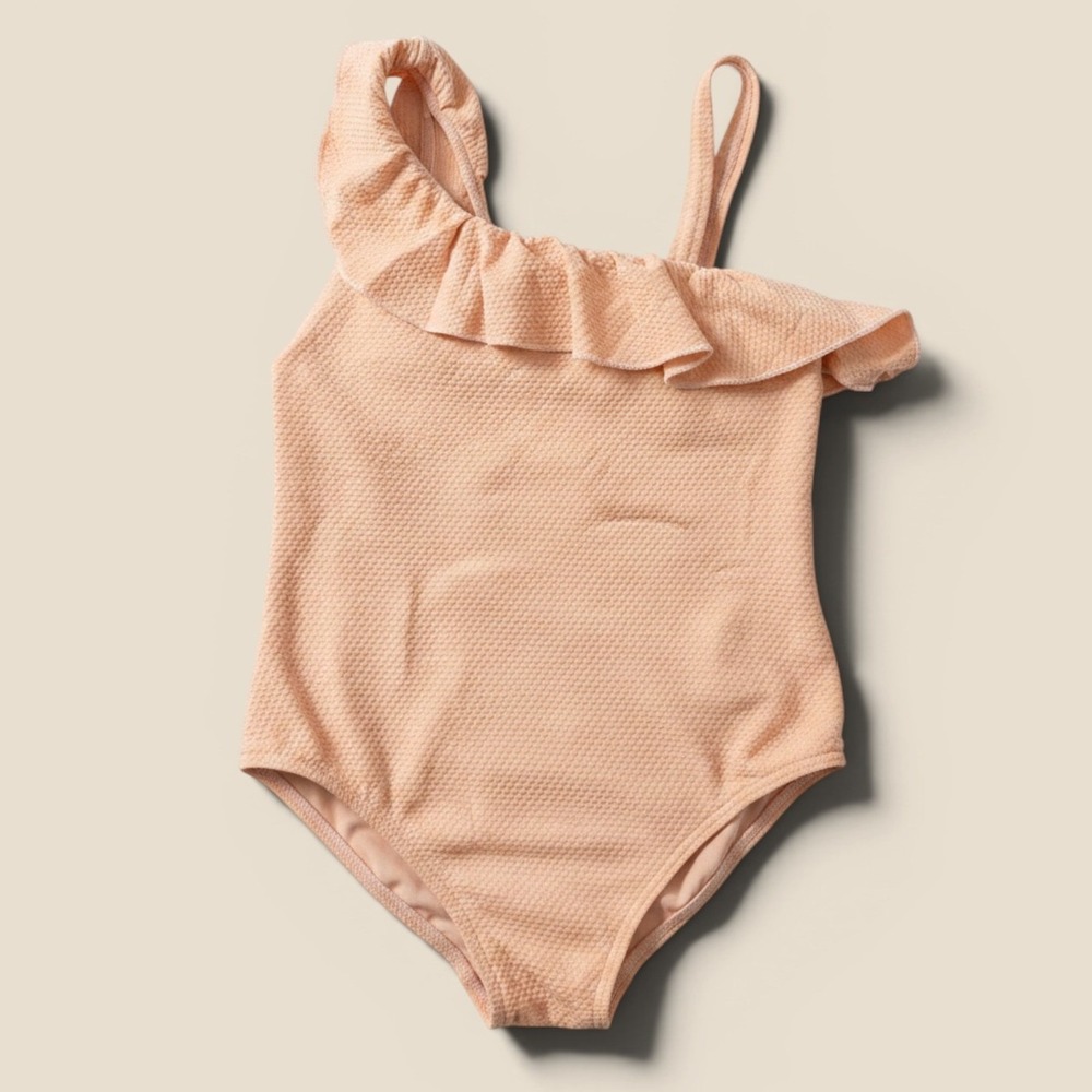 F&F Girls Peach Textured Ruffle One‎ Piece Swimsuit Size 5-6Y Recycled Fabric